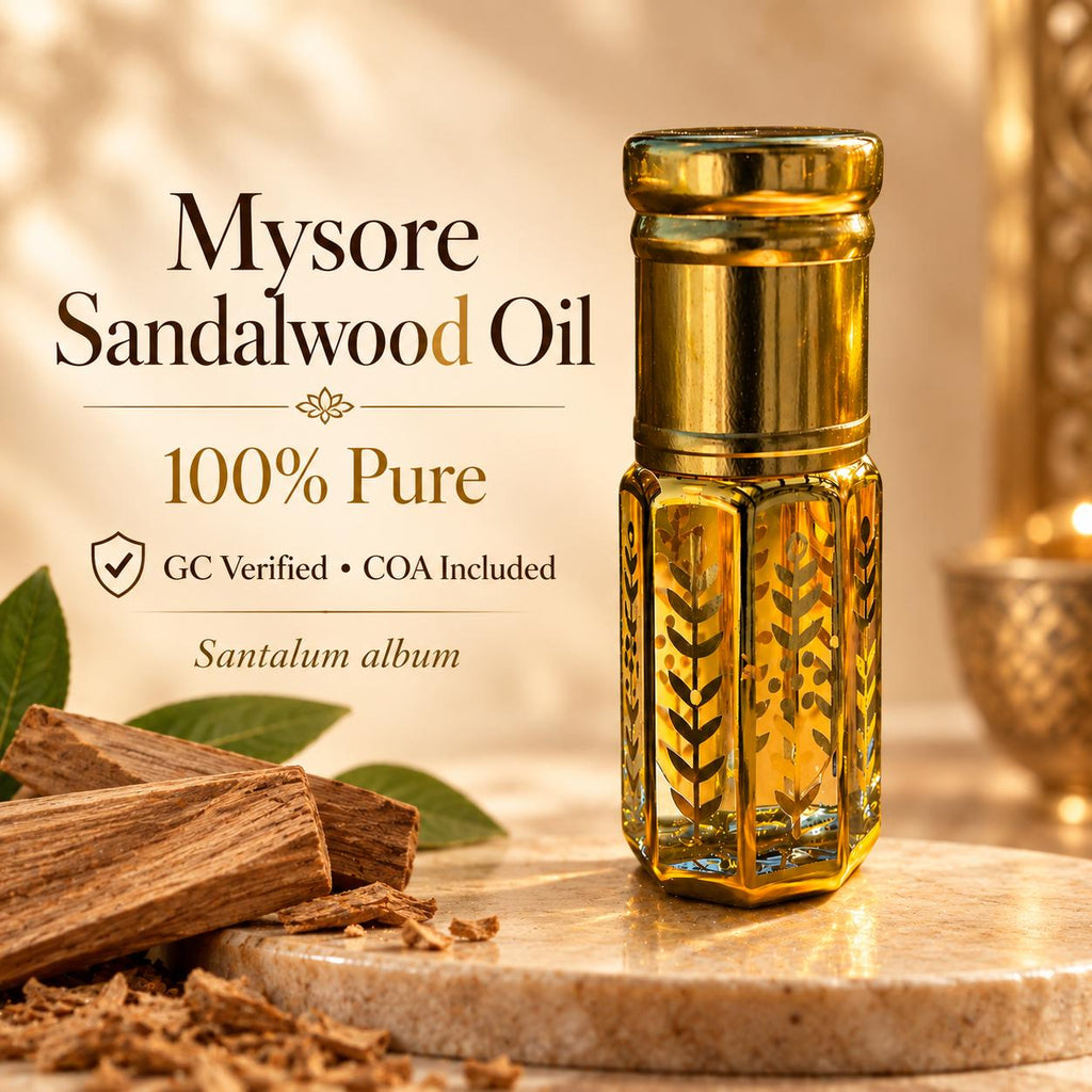 Pure Mysore Sandalwood Oil – 100% Santalum album | Aged Since 2022 | Lab Tested with COA